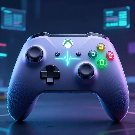 Photograph of a glowing, white, textured Xbox controller with colored buttons (green, red, yellow, blue, and black), set against a neon