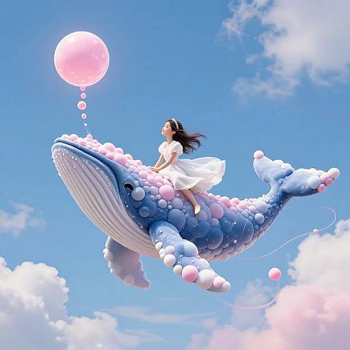 Digital art: A young woman with long brown hair in a white dress rides a blue whale adorned with pink and white bubbles, floating in a bright blue