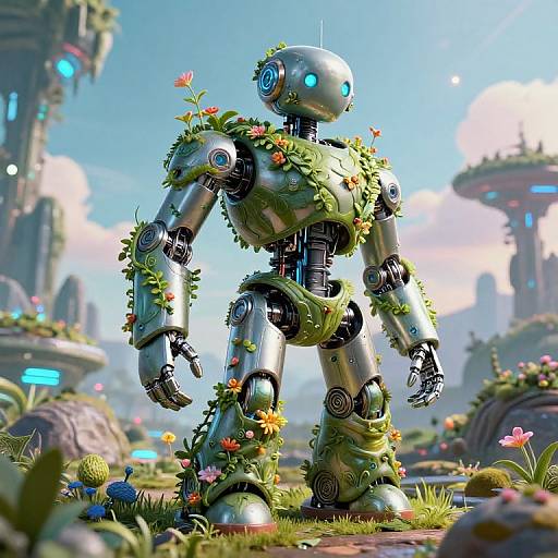 Photorealistic CGI of a silver robot with glowing blue eyes, adorned with green vines and colorful flowers, standing in a vibrant, futuristic, flower-filled