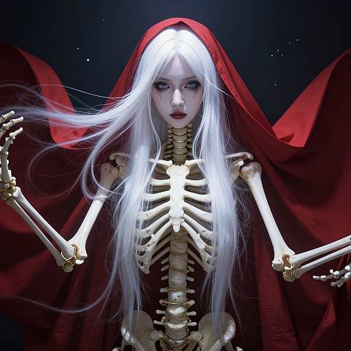 Digital art of a white-haired, pale-skinned skeleton woman with dark makeup, wearing a red hooded cloak, against a black starry background.
