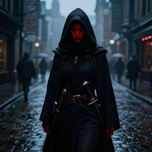 Gothic, hooded woman in dark cloak with cross necklace, standing on wet, rain-soaked street at night in dark, urban alley.