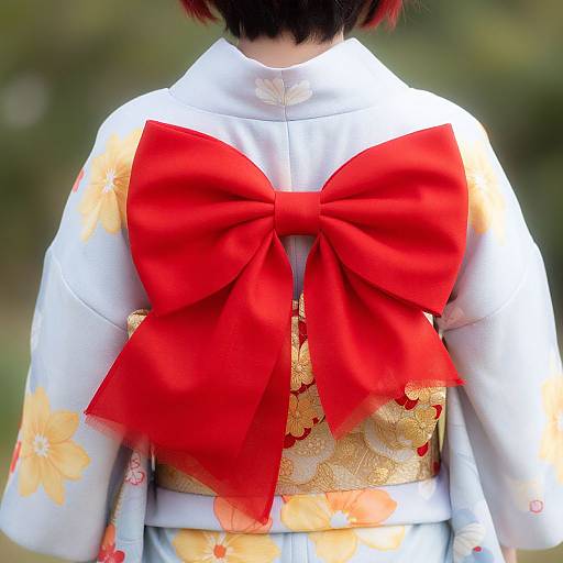 Photograph of a person from behind, wearing a white floral kimono with a large, vibrant red bow, standing outdoors.