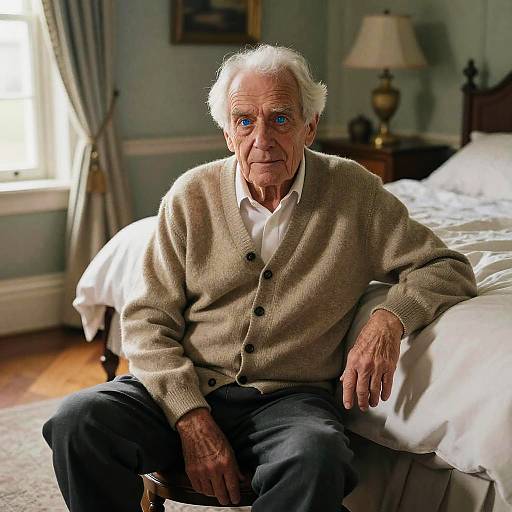 Photograph of an elderly man with white hair and blue eyes, wearing a beige cardigan, white shirt, and dark pants, seated on a bed