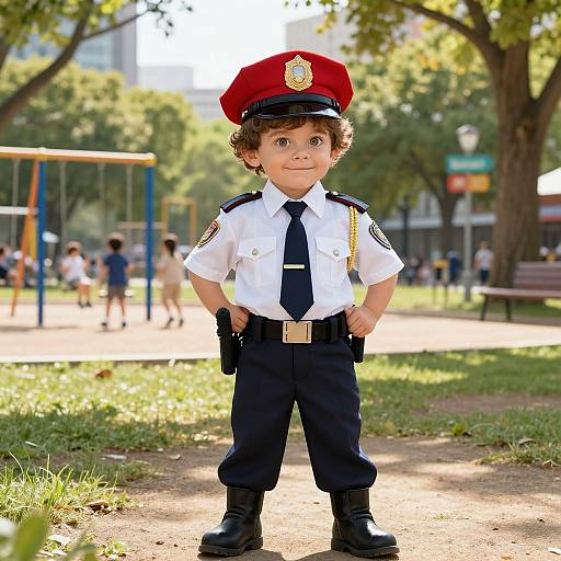 Photograph of a curly-haired young boy in a red police hat, white shirt, black tie, and navy pants, standing confidently in a sunny park