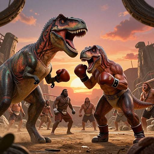 Photorealistic CGI: Two muscular, red-scaled velociraptors in boxing gloves and loincloths, facing off in an ancient, sunset