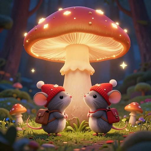 Cute CGI mice in red hats and backpacks, standing under glowing red mushroom in magical forest, surrounded by scattered mushrooms.