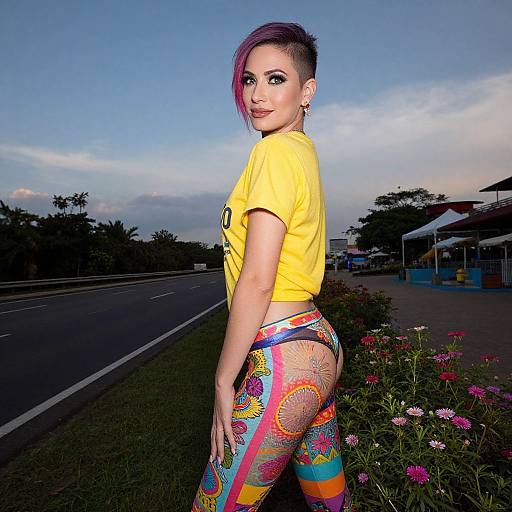 Photograph of a confident woman with purple-hued short hair, yellow top, and vibrant, colorful, sheer leggings, standing on a roadside at dusk