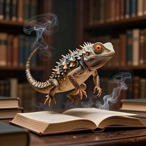 Photorealistic CGI of a smoking, orange-eyed, spiked lizard leaping from an open book on a wooden table in a library.