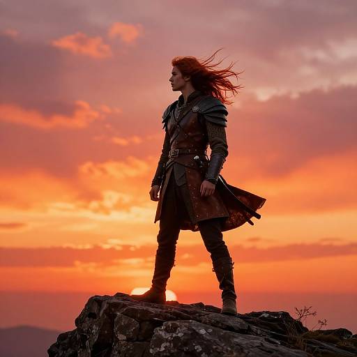 Photograph of a red-haired, armored warrior standing on a rocky cliff at sunset, with vibrant orange and pink clouds in the background.