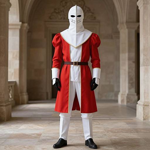 Photorealistic CGI of a person in a white mask, red and white medieval-style robe, black gloves, and boots, standing in a stone arch