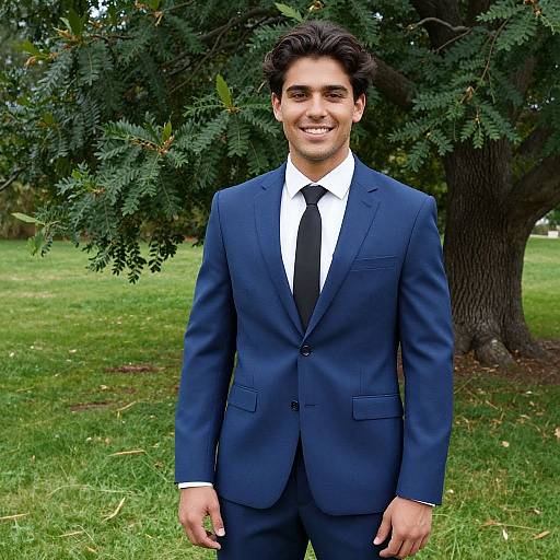 Photograph of a young man with dark hair, wearing a blue suit, white shirt, and black tie, smiling outdoors under a tree on green grass
