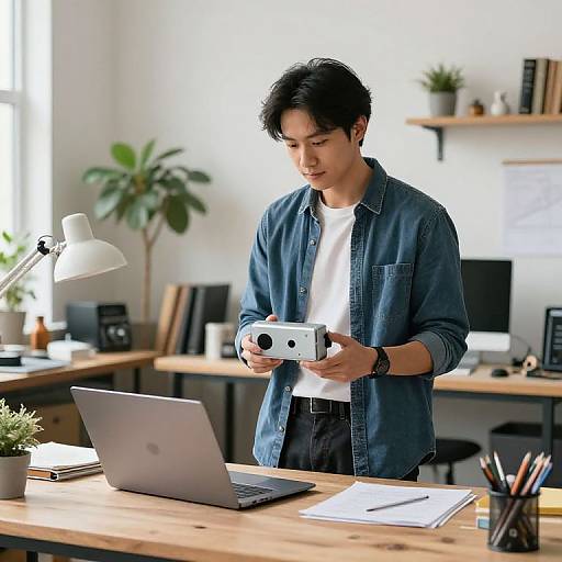 Photograph of an Asian man in a denim shirt, holding a white camera, standing at a wooden desk with a laptop. Modern office background with plants