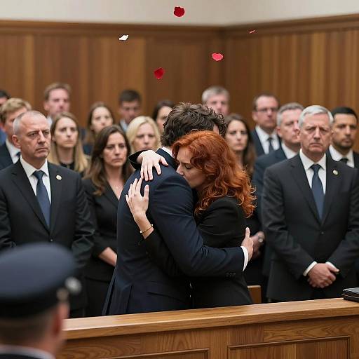 Emotional Embrace in a Crowded Courtroom