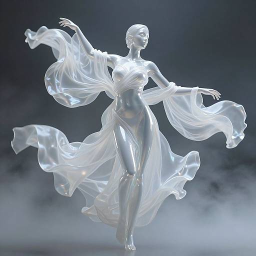 Digital CGI of a glowing, ethereal, translucent woman dancing, surrounded by flowing, wispy white fabric, against a dark, misty background.