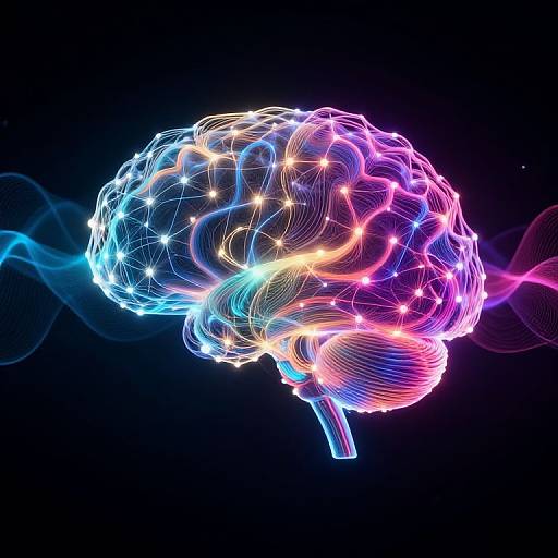 Neon-colored CGI of a brain with glowing blue, pink, and purple lines against a black background, resembling a futuristic neural network.