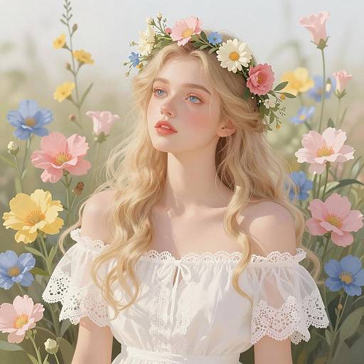 Ethereal Floral Woman in White Dress