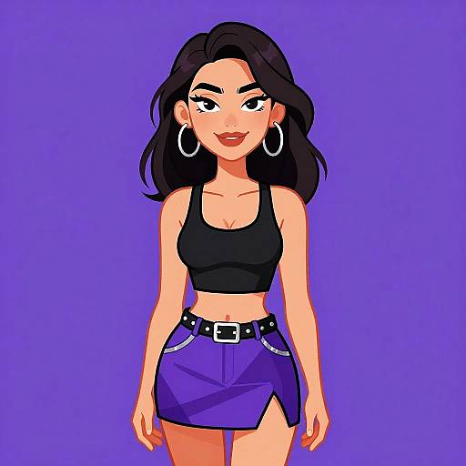 Digital drawing of a confident, smiling woman with black hair, wearing a black crop top, blue skirt, and large hoop earrings, against a solid purple
