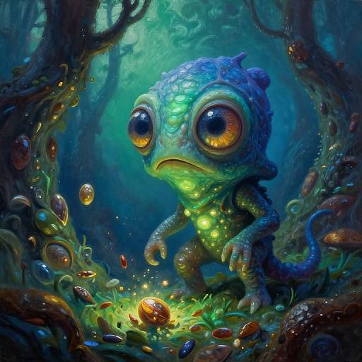 Vibrant digital artwork of a big-eyed, blue-green, luminescent, amphibious creature with large, glowing eyes, standing in a dark