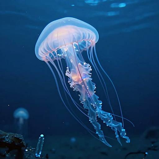 Photograph of a glowing, translucent jellyfish with long, flowing tentacles in a deep blue underwater environment, illuminated from within.