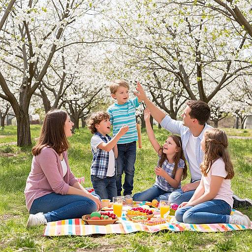 Photograph of a family picnic in a sunny orchard, with parents and three children sitting on a colorful blanket, playing and eating.