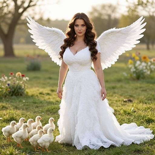 Photograph of a brunette woman with long curly hair, wearing a white lace angel dress and white feather wings, standing in a grassy garden with sun