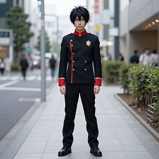 Photograph of an androgynous anime-style cosplayer with spiky black hair, wearing a black military-style uniform with red accents, standing on