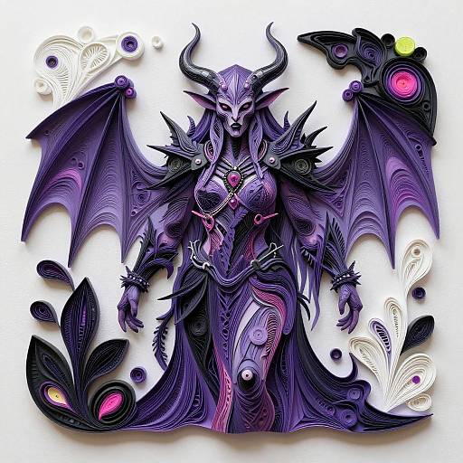 Digital artwork of a purple, horned, demonic female figure with large wings, intricate armor, and glowing eyes, surrounded by abstract, colorful patterns.