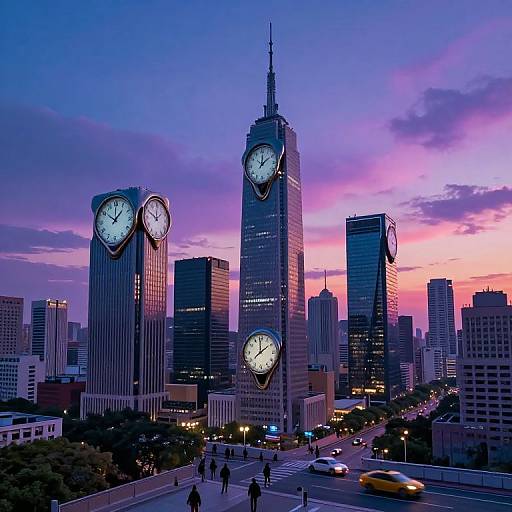 Photograph of a city skyline at sunset, featuring four clock-tower buildings with illuminated faces, surrounded by modern skyscrapers, purple-pink sky