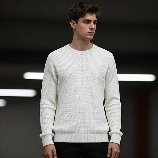 Photograph of a young man with short, dark hair, wearing a white knit sweater and black pants, standing against a dark, blurred background with bright