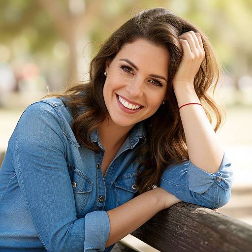 Photograph of a smiling woman with wavy brown hair, wearing a blue denim shirt, leaning on a wooden fence in a sunlit park.