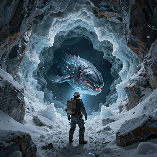 Planetary Geologist Faces Bioluminescent Leviathan in Ice Rift