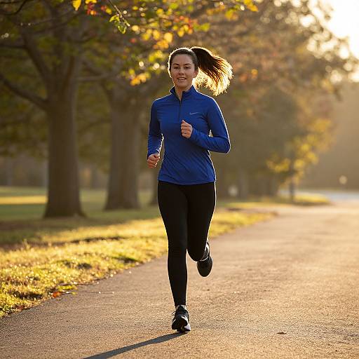 Photograph of a smiling Asian woman with dark hair in a ponytail, running on a sunlit park path in autumn, wearing a blue long-s