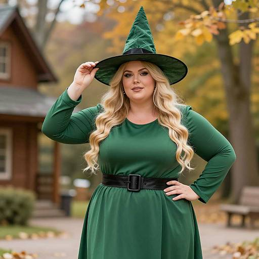 Confident Plus-Size Green Witch in Autumn