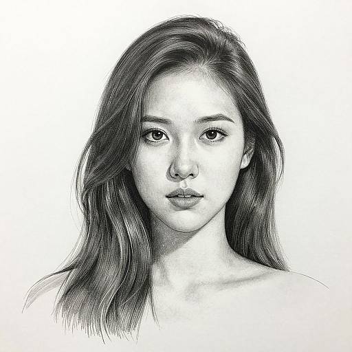 Monochrome pencil drawing of an Asian woman with long, wavy hair, soft features, and neutral expression, centered against a white background.