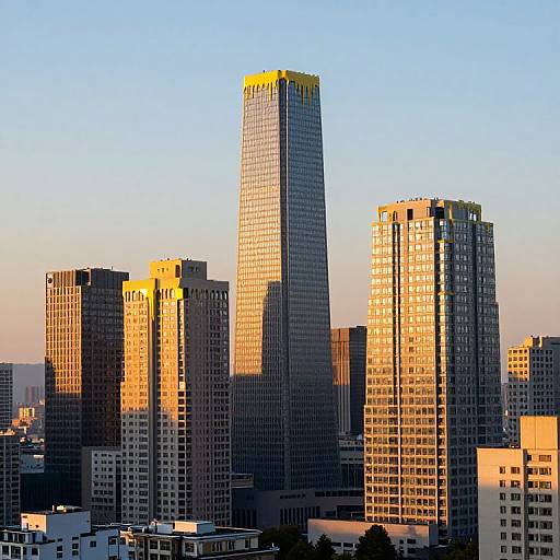 Photograph of a cityscape with tall, modern skyscrapers bathed in golden sunlight, featuring a central, reflective glass tower with yellow-topped