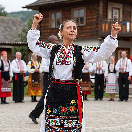 Photograph of a woman with light skin and dark hair, wearing a traditional embroidered black and white dress, raising her fists in a village square, surrounded