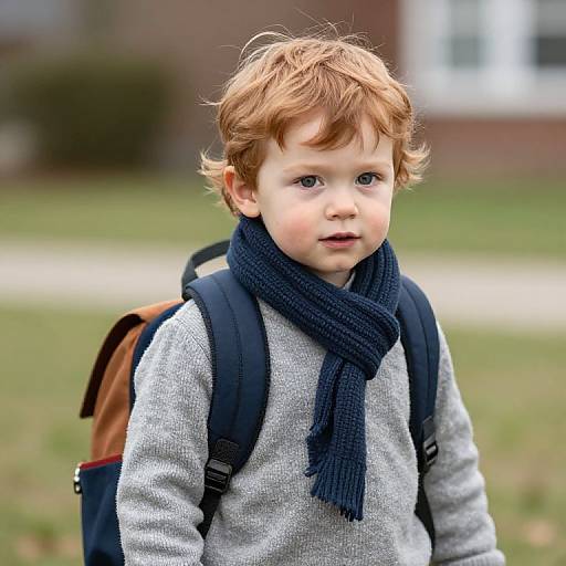 Photograph of a curious, fair-skinned, red-haired toddler in a gray sweater, navy scarf, and backpack, standing outdoors on a grassy