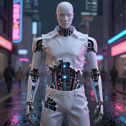 CGI cyberpunk scene: A futuristic, white-clad humanoid robot with exposed black circuitry stands in a neon-lit, rainy urban street.