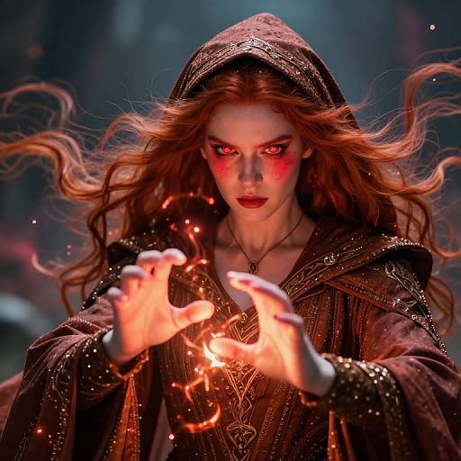 Photorealistic digital art of a red-haired witch with glowing red eyes, wearing a dark, ornate hooded robe, conjuring fiery magic.