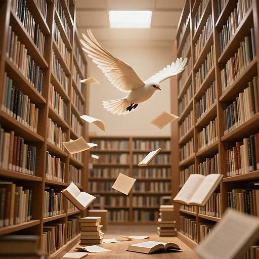 Photograph of a library with tall wooden bookshelves on both sides, a white dove mid-flight, and scattered open books in the aisle.