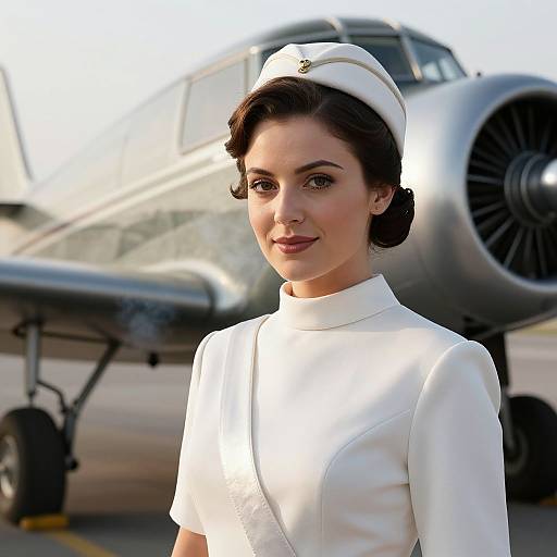 Photograph of a smiling brunette woman in a white 1950s-style flight attendant uniform, standing in front of a vintage silver airplane.