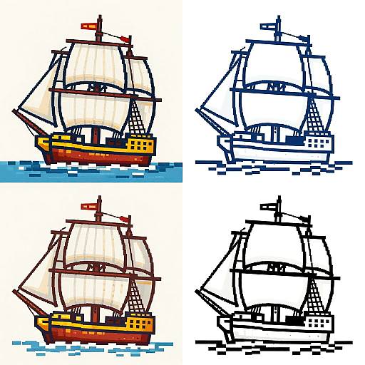 Digital drawing of a colorful, detailed sailboat with white sails, red and yellow hull, and blue water. Beside it, a black-and-white