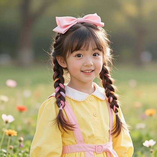Photograph of a cute Asian girl with dark hair in pigtails, wearing a yellow dress and pink bow, smiling in a sunny field with colorful