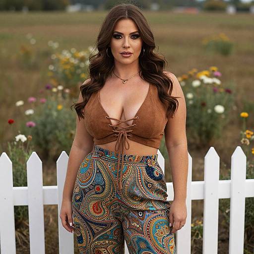 Photograph of a curvy woman with long brown hair, brown crop top with lace-up front, and colorful paisley pants, standing in a field