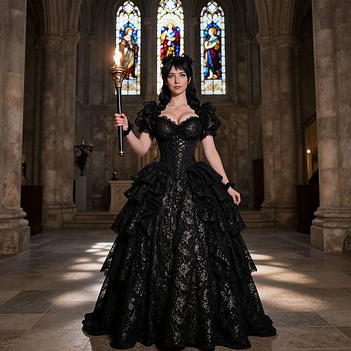 Photograph of a pale-skinned woman with dark hair in a gothic, black lace gown holding a candelabra in a dimly lit,