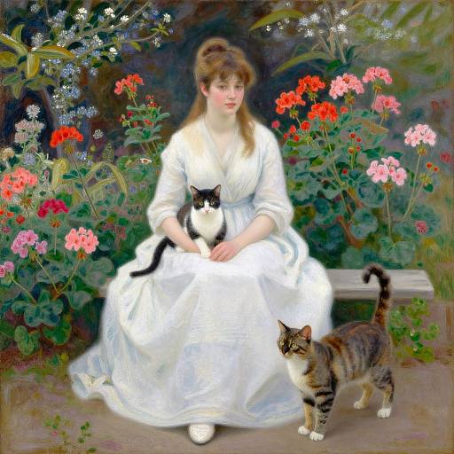 Oil painting of a fair-skinned woman in a white dress, sitting amidst vibrant red, pink, and white flowers, with a black and white cat