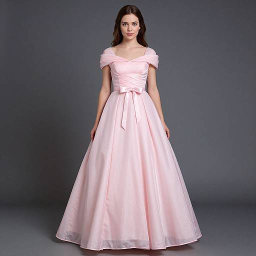 Photograph of a brunette woman in an off-the-shoulder, pink satin ball gown with a full skirt, standing against a dark gray background.