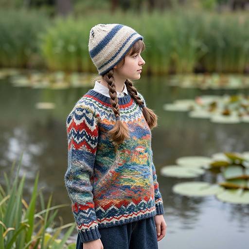 Photograph of a young girl with braided hair, wearing a colorful knitted sweater, white collared shirt, and striped beanie, standing by