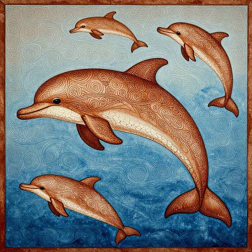 Digital drawing of four intricately patterned dolphins in mid-swim, against a blue, textured background with swirling patterns.