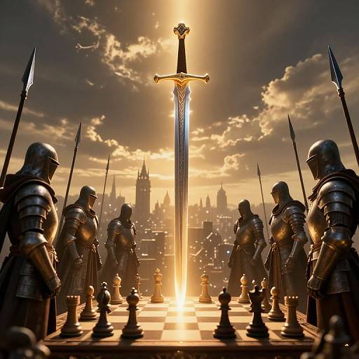 Radiant Sword Over Chessboard City